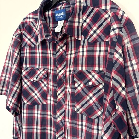 Vintage‎ Wrangler Red Blue Plaid S/S Pearl Snap Western Shirt Men's XXL - Picture 1 of 6